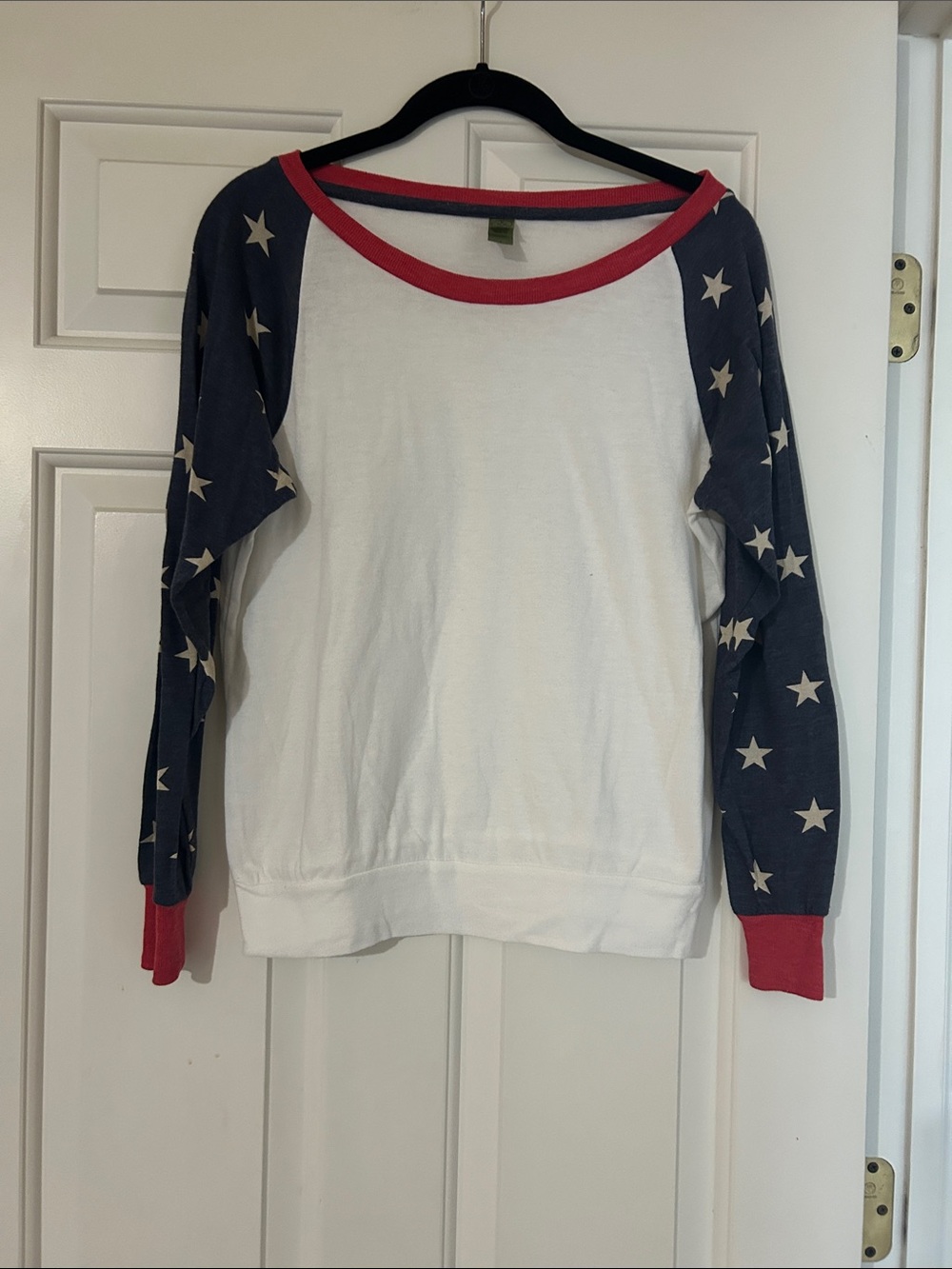Alternative Apparel White Pullover with Navy Star Raglan Sleeves and Red Trim